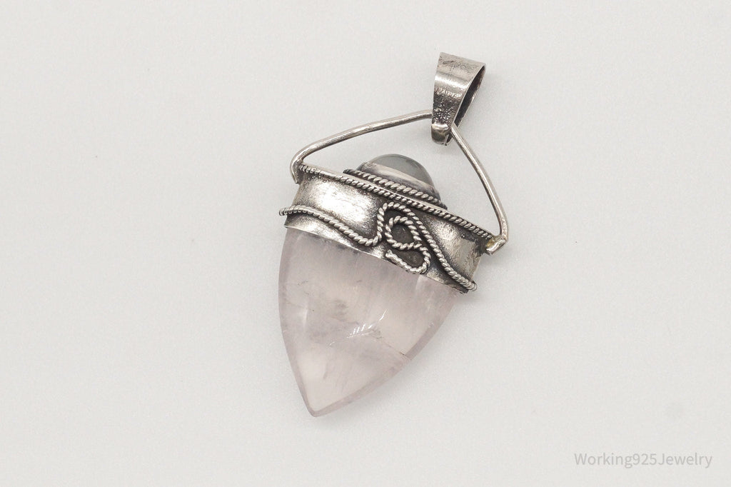 Vintage Large Rose Quartz White Moonstone Sterling Silver Pendant