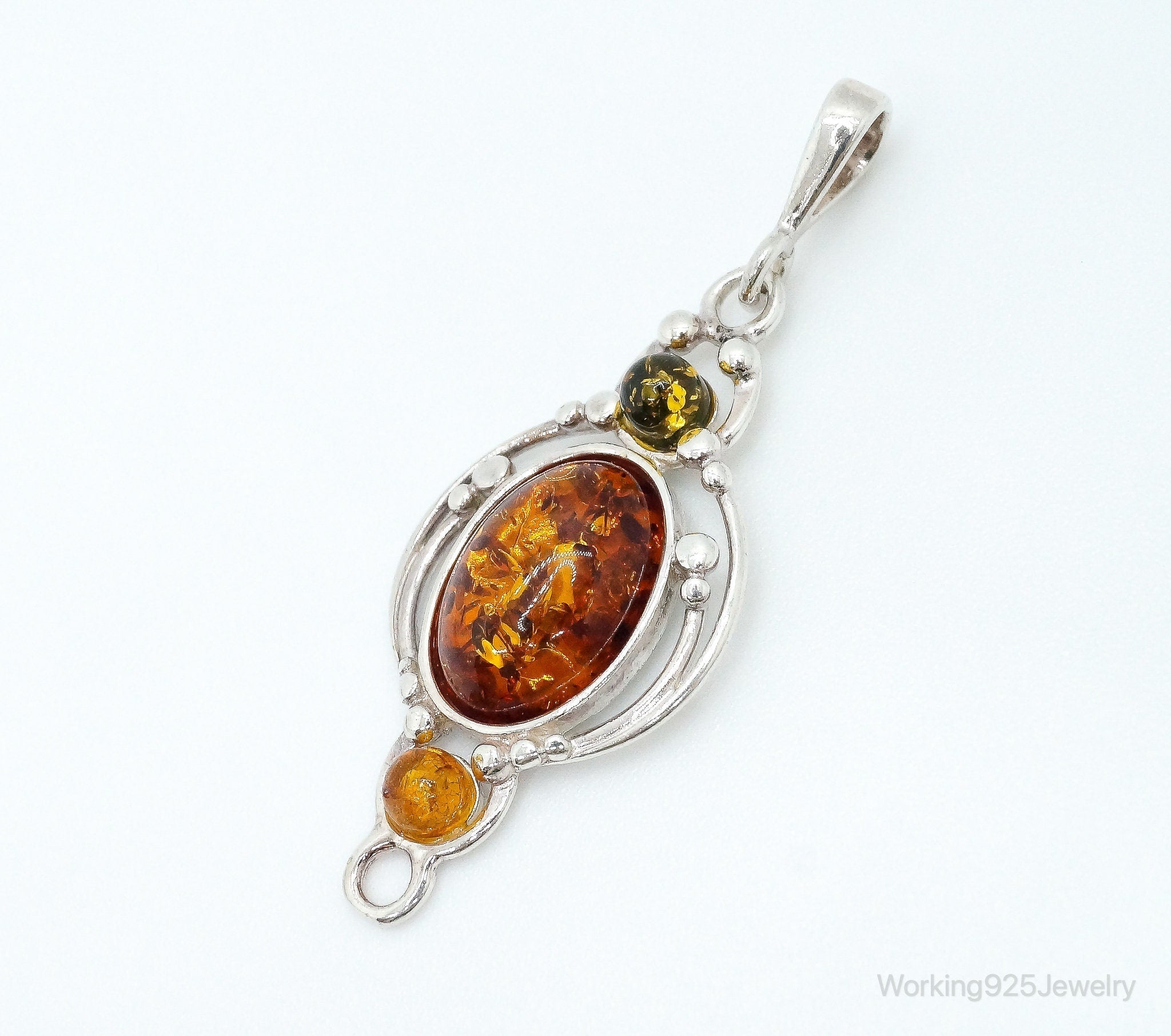 Vintage Multi Type Amber Sterling Silver Necklace Pendant