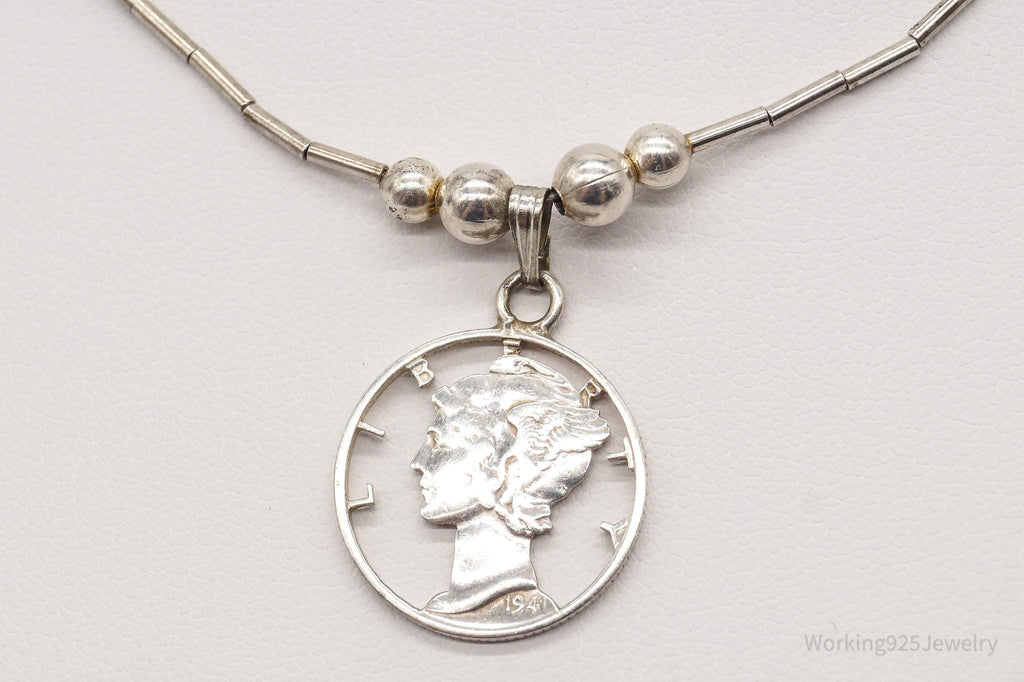 Vintage 1941 Mercury Dime Coin Cut Out Pendant Silver Necklace