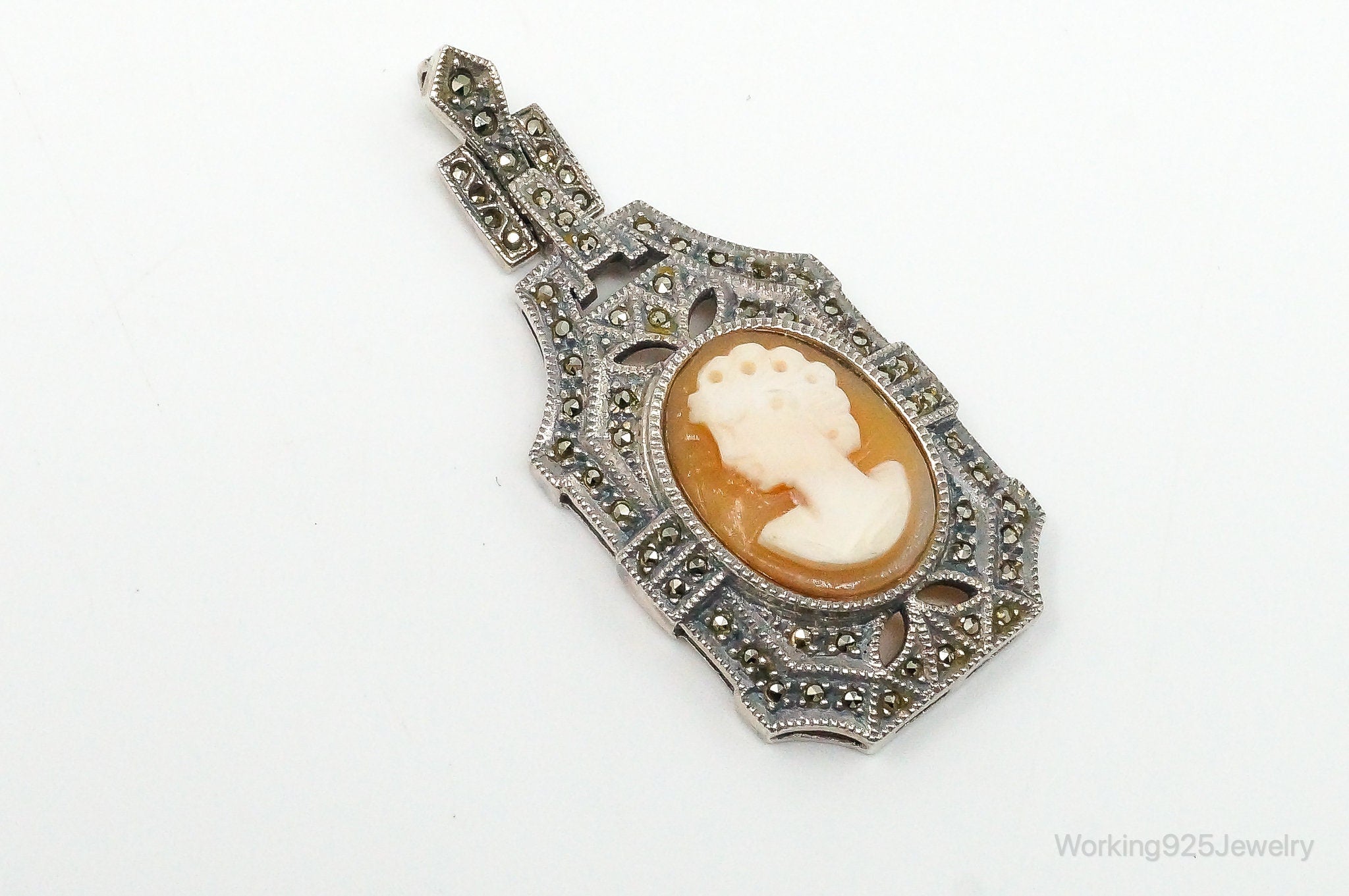 Vintage Judith Jack Carved Shell Lady Cameo Marcasite Sterling Silver Pendant