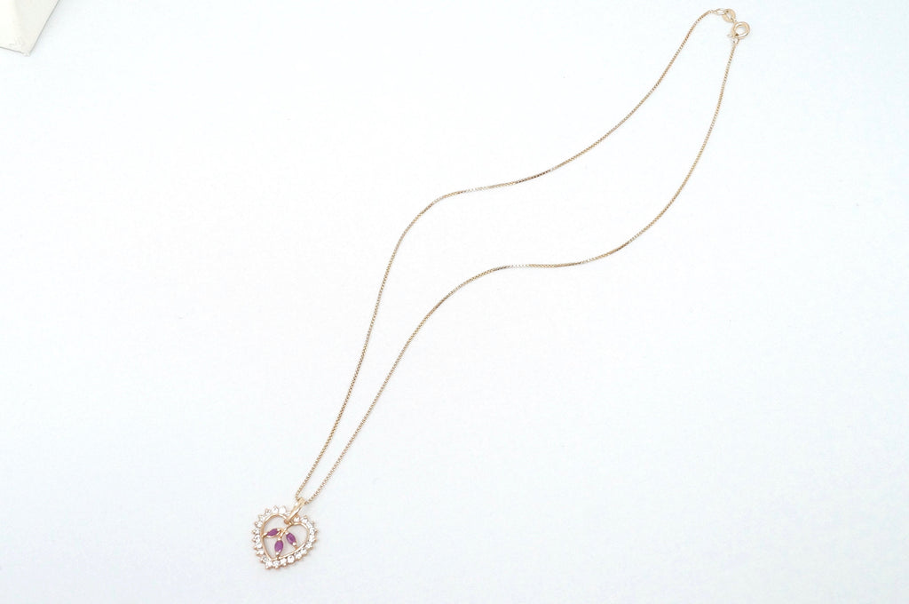 Vtg Ruby Simulated Heart Accented Rose Gold Vermeil Sterling Silver Necklace 18"