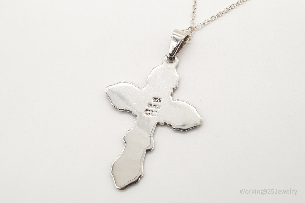 Vintage Large Mexico Artisan CII Cross Sterling Silver Necklace