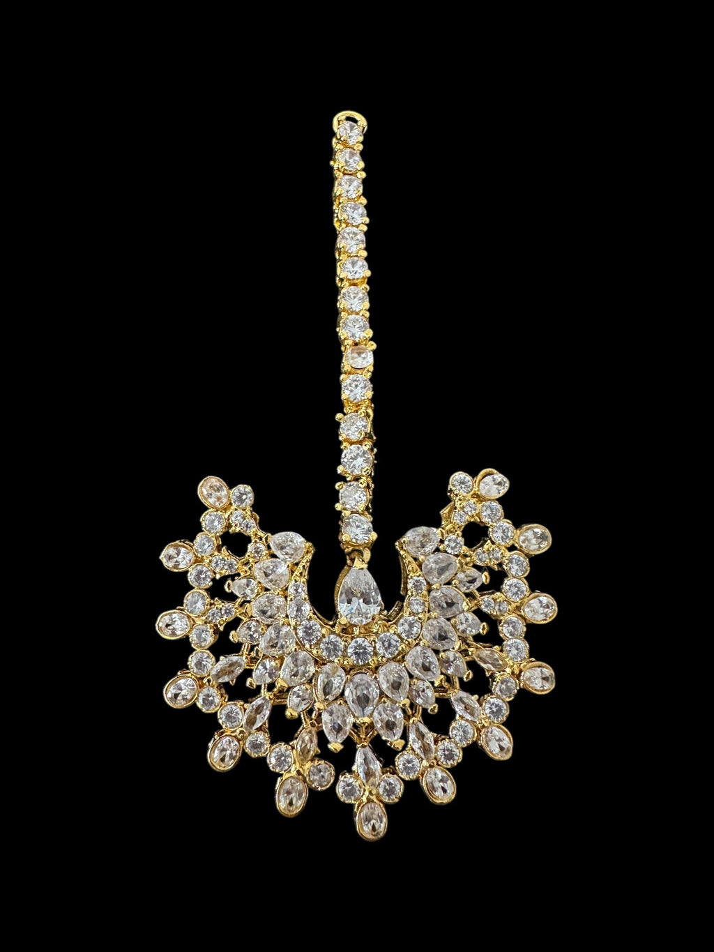 Subhana gold plated chandbali earrings tika set  -clear  ( READY TO SHIP )