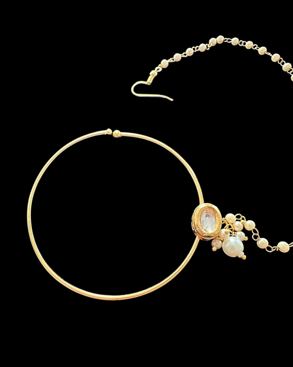 Elegant Kundan Pearl Nosering | Gold-Plated Nath with Chain ( READY TO SHIP )