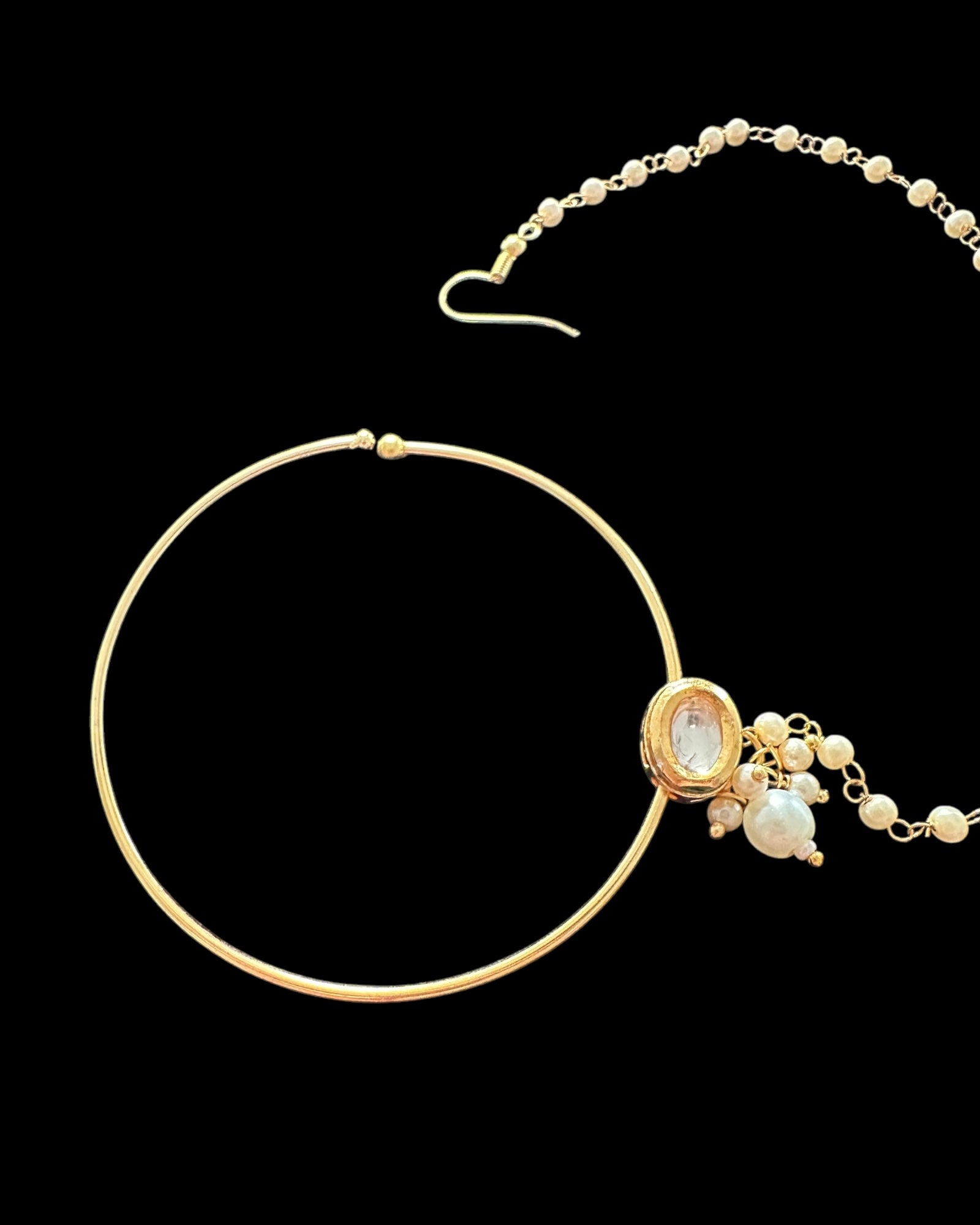 Elegant Kundan Pearl Nosering | Gold-Plated Nath with Chain ( READY TO SHIP )