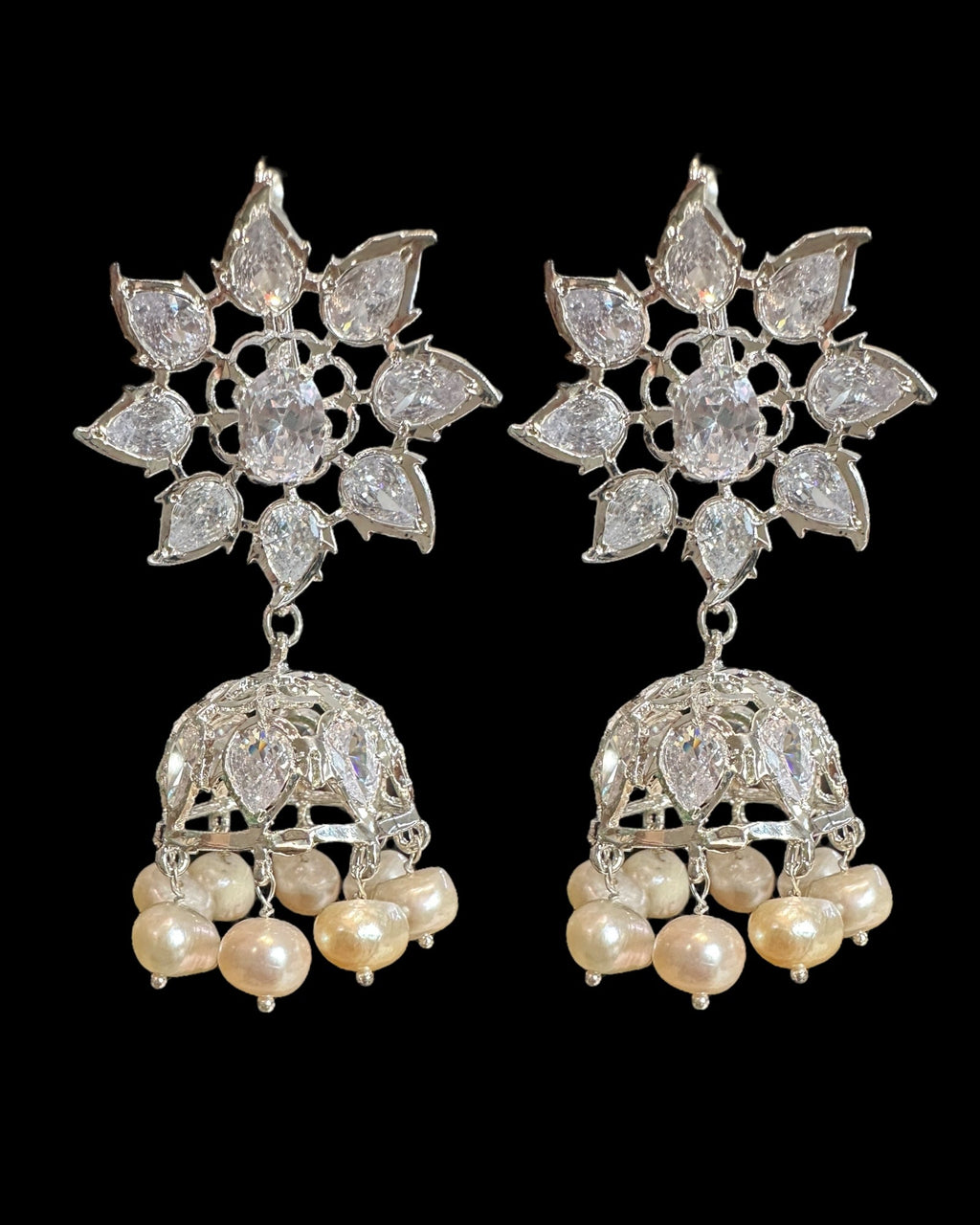 DER607 ✨ Evelyn Silver-Plated Karanphool Jhumka – With Pearls & High-Quality Zircon  ( Ready to Ship )