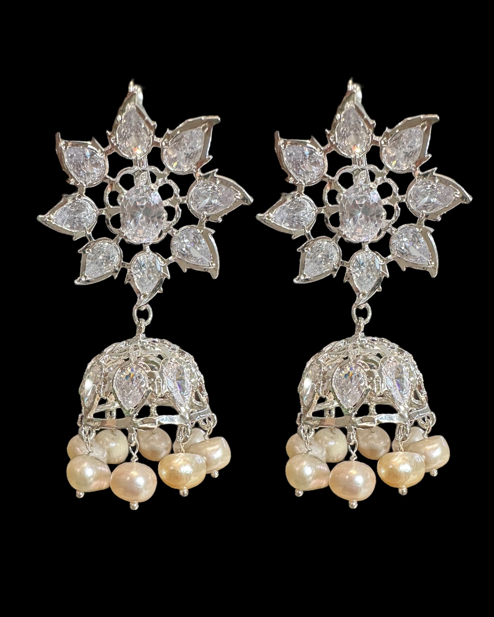 DER607 ✨ Evelyn Silver-Plated Karanphool Jhumka – With Pearls & High-Quality Zircon  ( Ready to Ship )