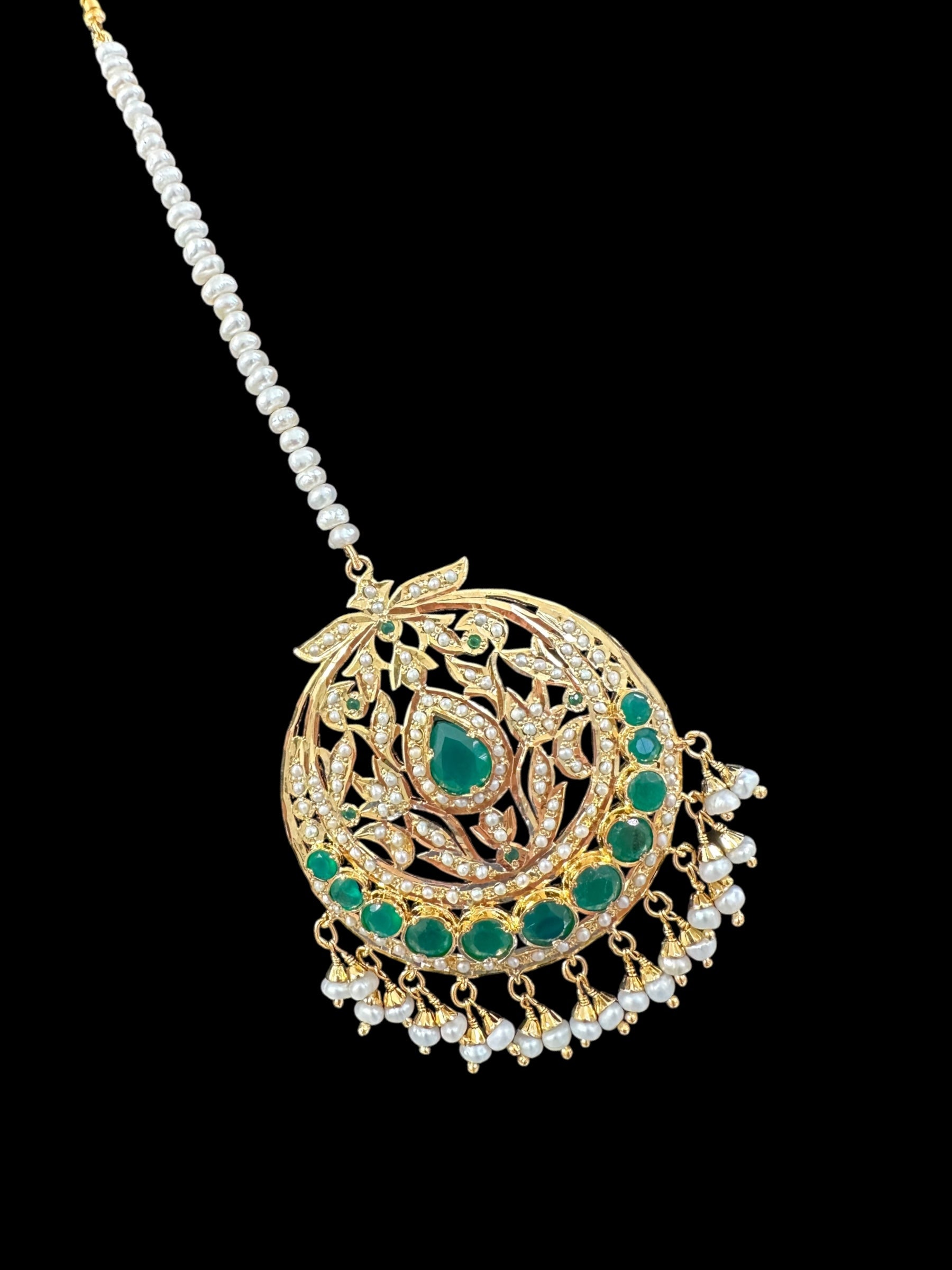 Emerald and pearl tika in silver with fresh water pearls - gold plated , Oversized( SHIPS IN 5 WEEKS )
