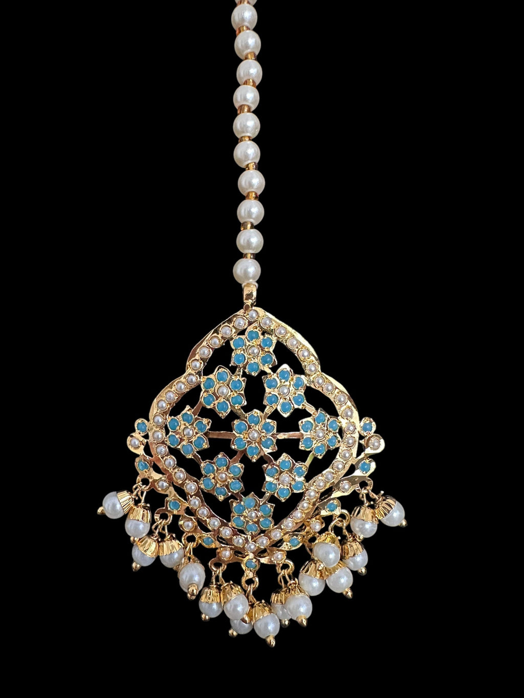 Mehru Jadau chandbali earrings tika in turquoise/feroza pearls ( READY TO SHIP )