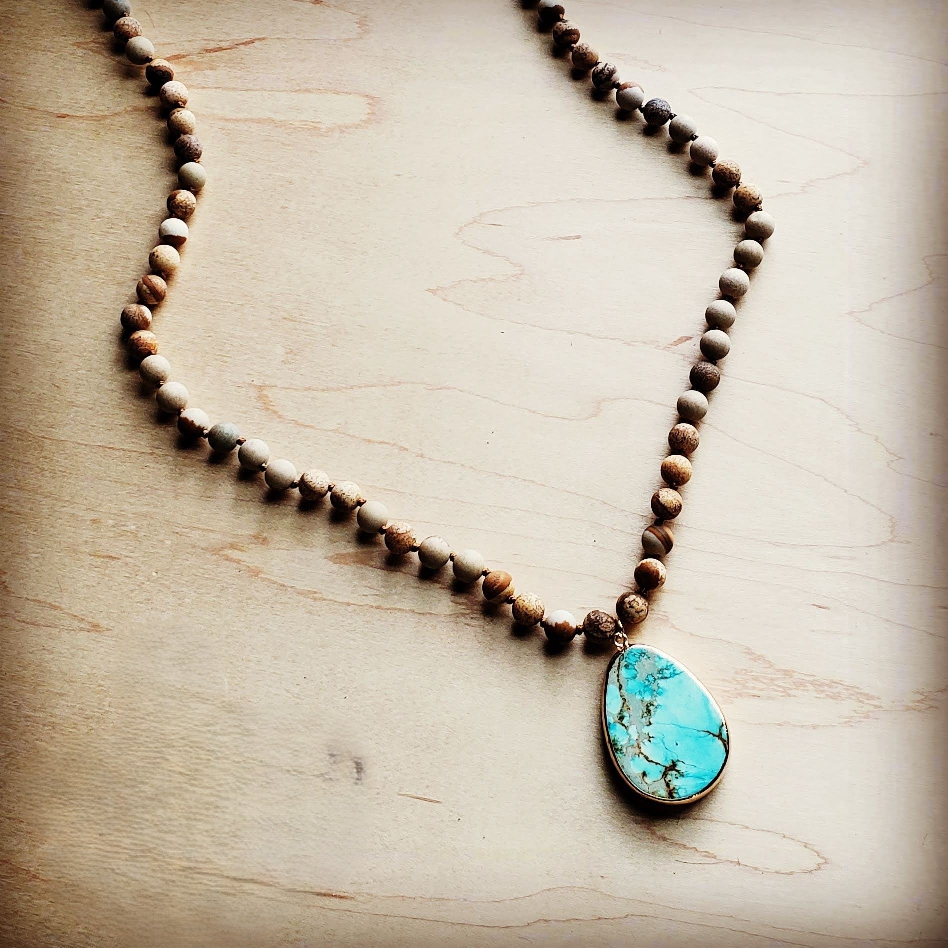Bohemian Beaded Jasper Necklace with Ocean Agate Pendant 245u
