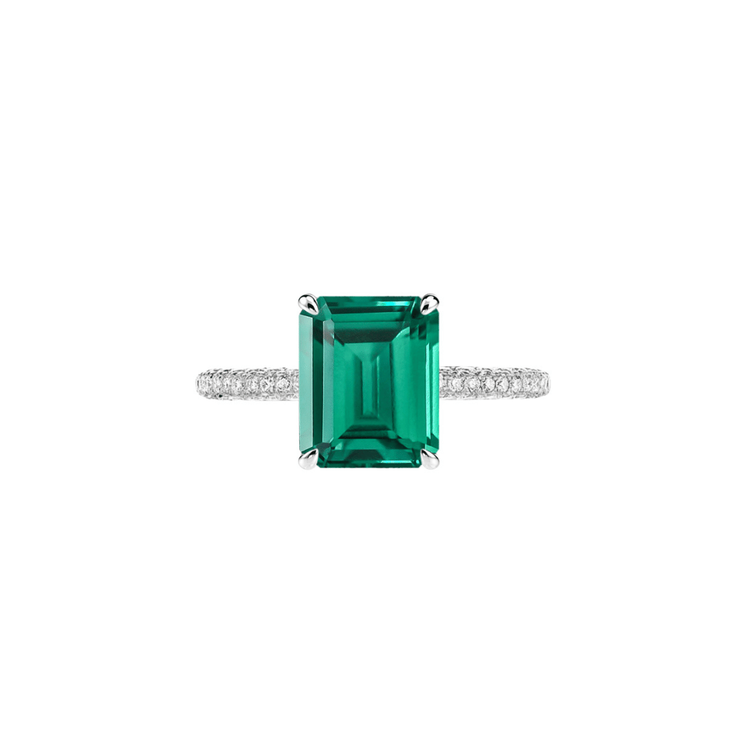 3.0ct Lab Emerald Rectangle Emerald Cut Three Row Pavè Ring
