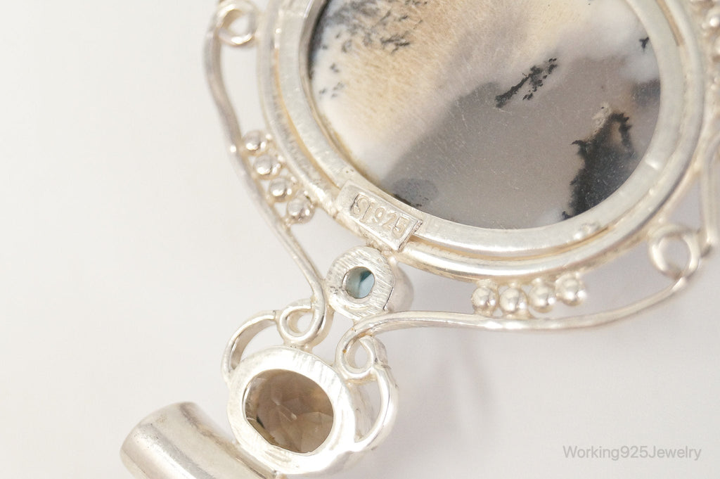 Large SAJEN Dendritic Agate Smoky Topaz Blue Topaz Sterling Silver Pendant