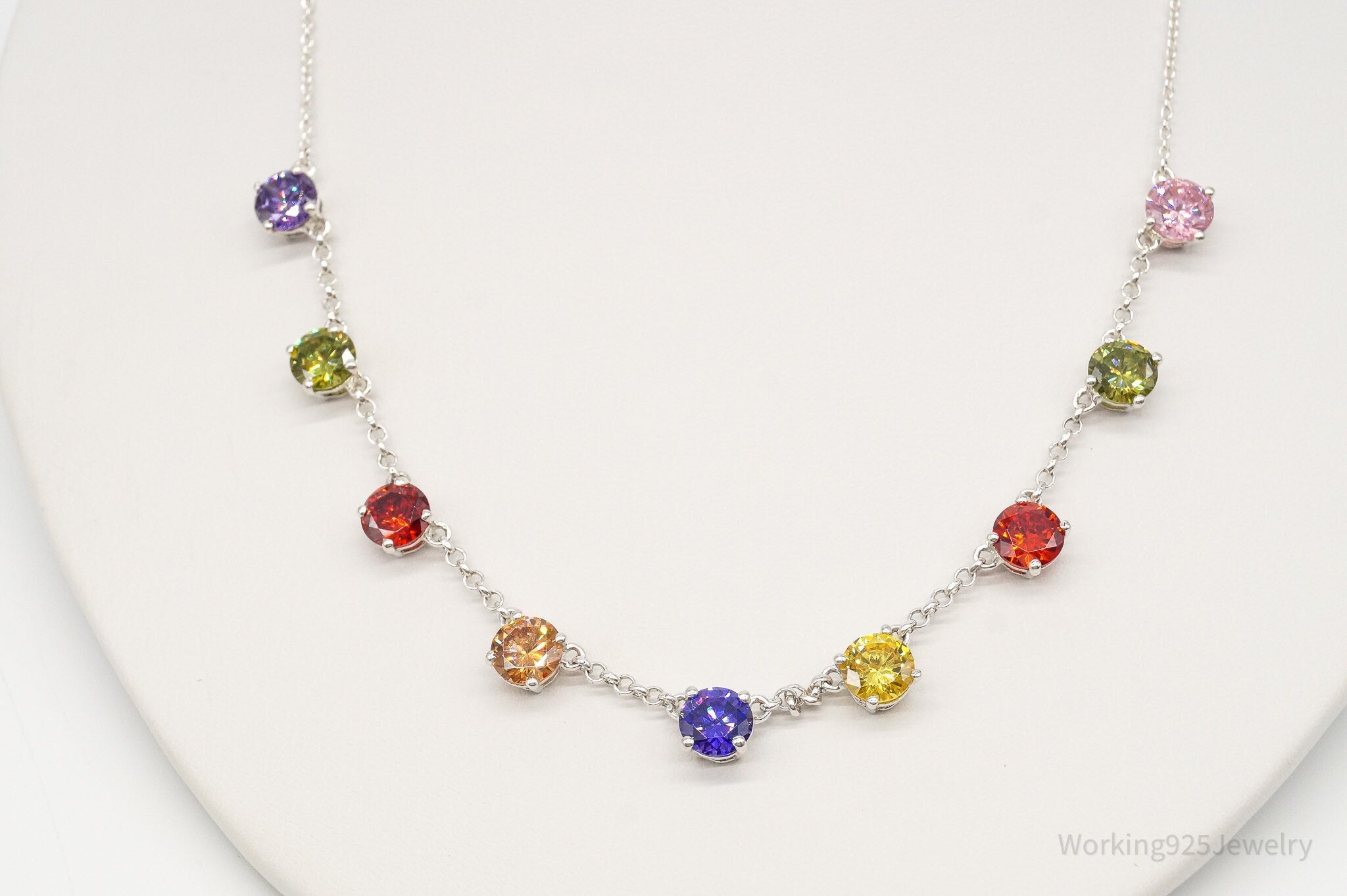 Vintage Multi Rainbow Colors Cubic Zirconia Sterling Silver Necklace