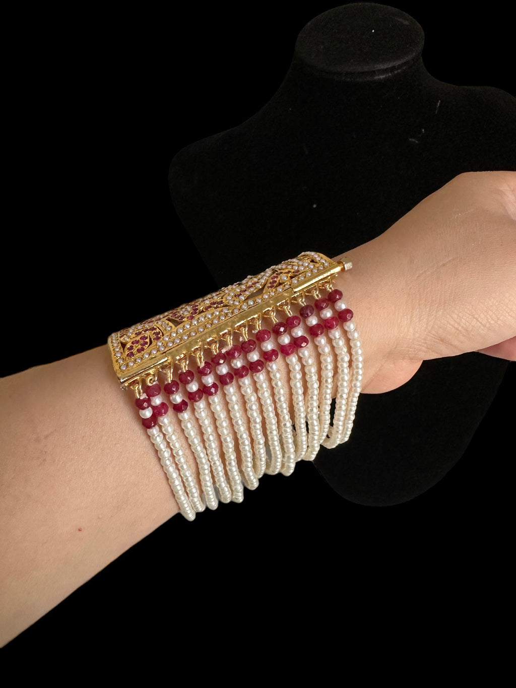 B198 Jadau bahi / bracelet - Ruby pearl ( READY TO SHIP  )