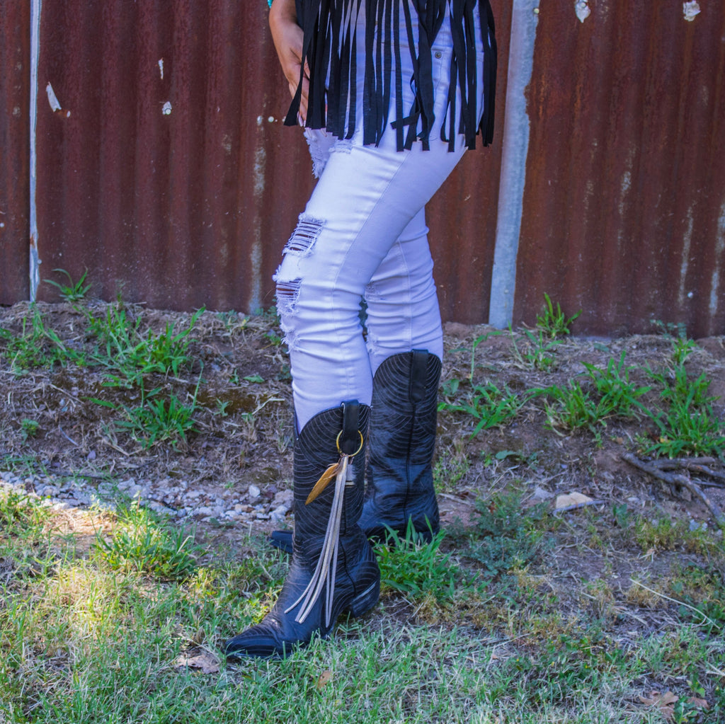 Boho Western Boot Bling Charm with Leather Fringe 500b