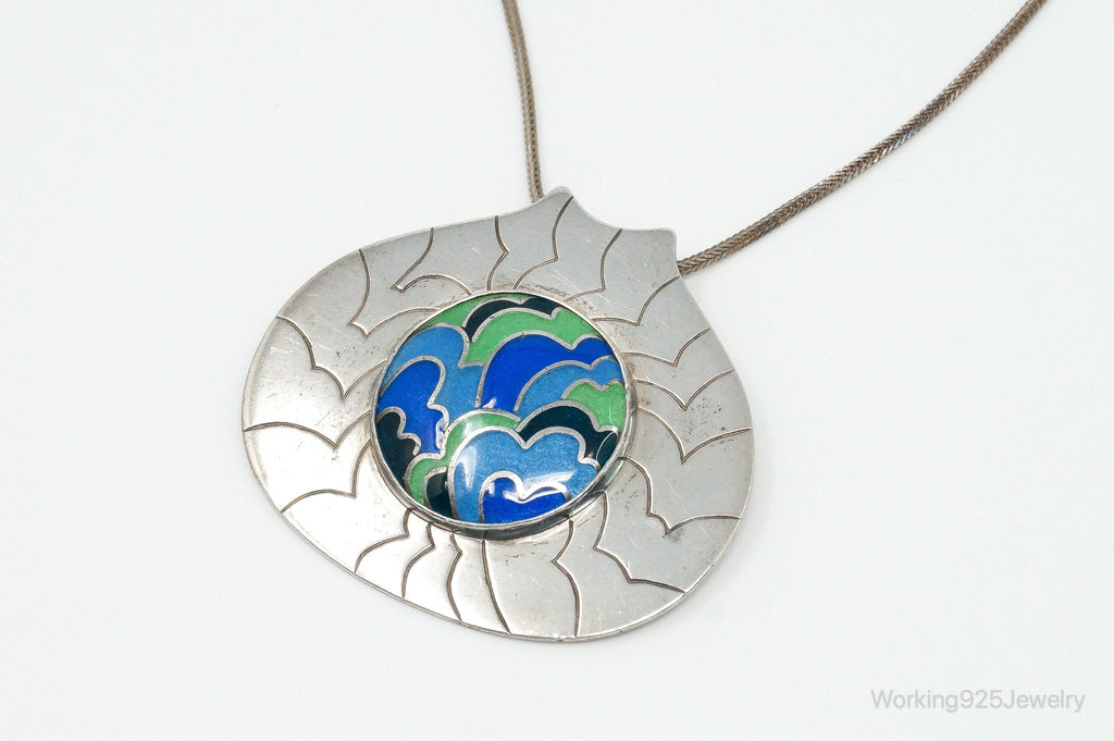 RARE Vintage 1970s Modernist Caren Sterling Silver Enamel Necklace