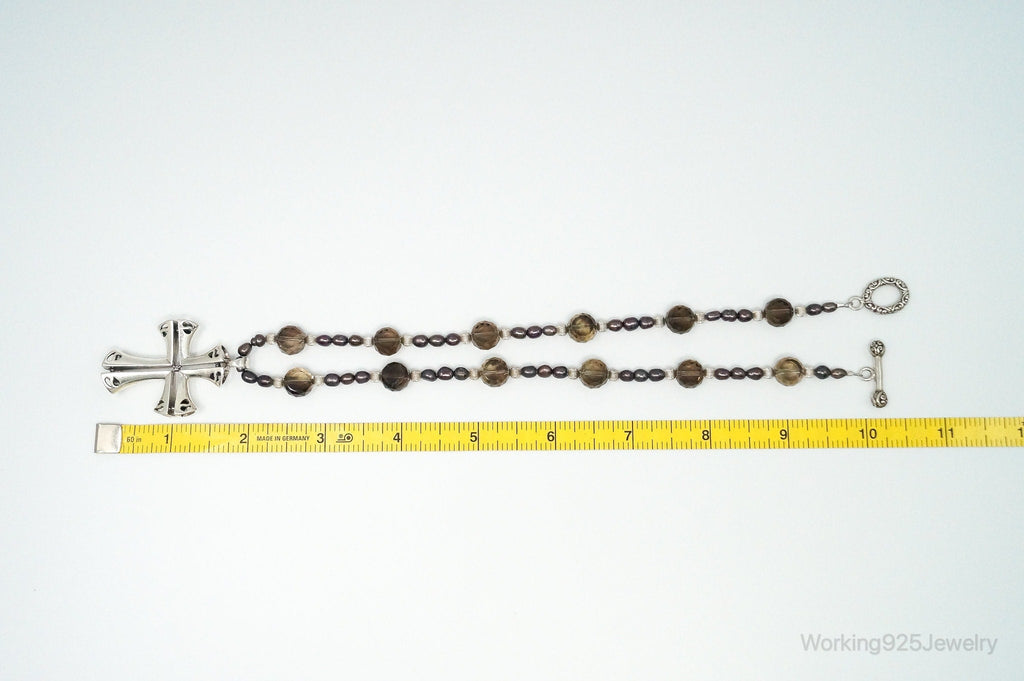 Designer Large Cross Smoky Topaz Pearl Sterling Silver Necklace