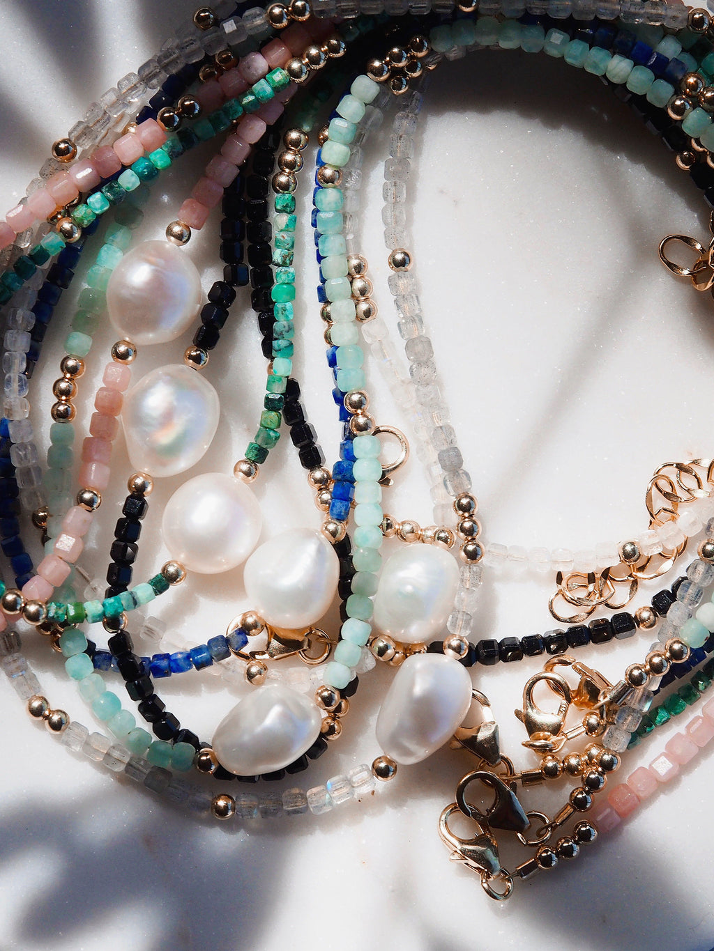 White Pearl and Gemstone Necklace - Gold Haukea