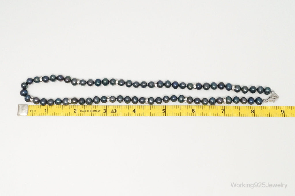 Vintage Tahitian Pearl Cubic Zirconia Sterling Silver String Necklace