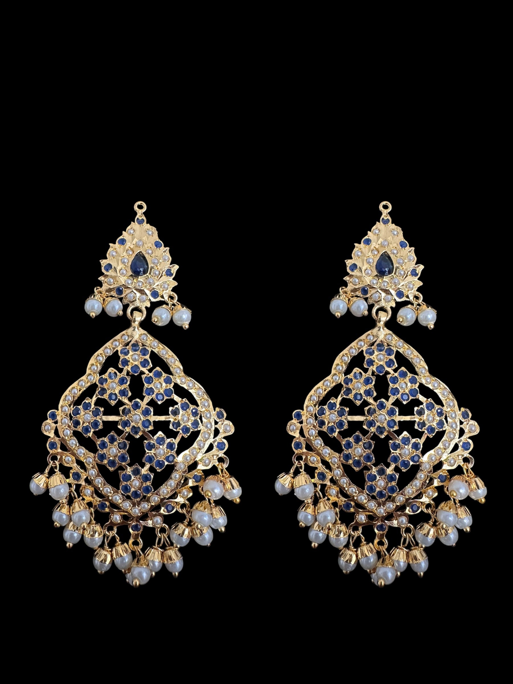 Mehru Jadau chandbali earrings tika in sapphire pearls ( READY TO SHIP )