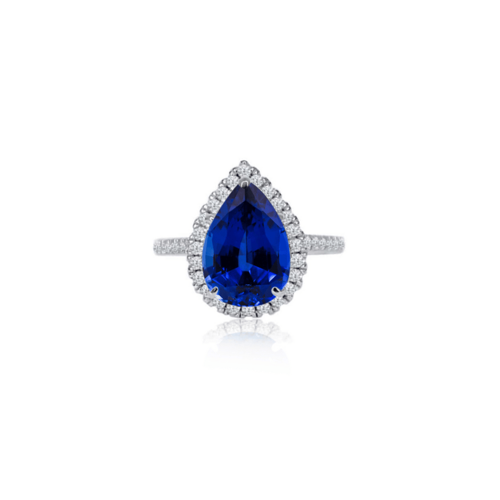 2.0ct Pear Cut Lab Blue Sapphire Halo Ring