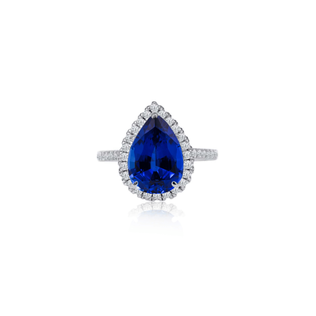 2.0ct Pear Cut Lab Blue Sapphire Halo Ring