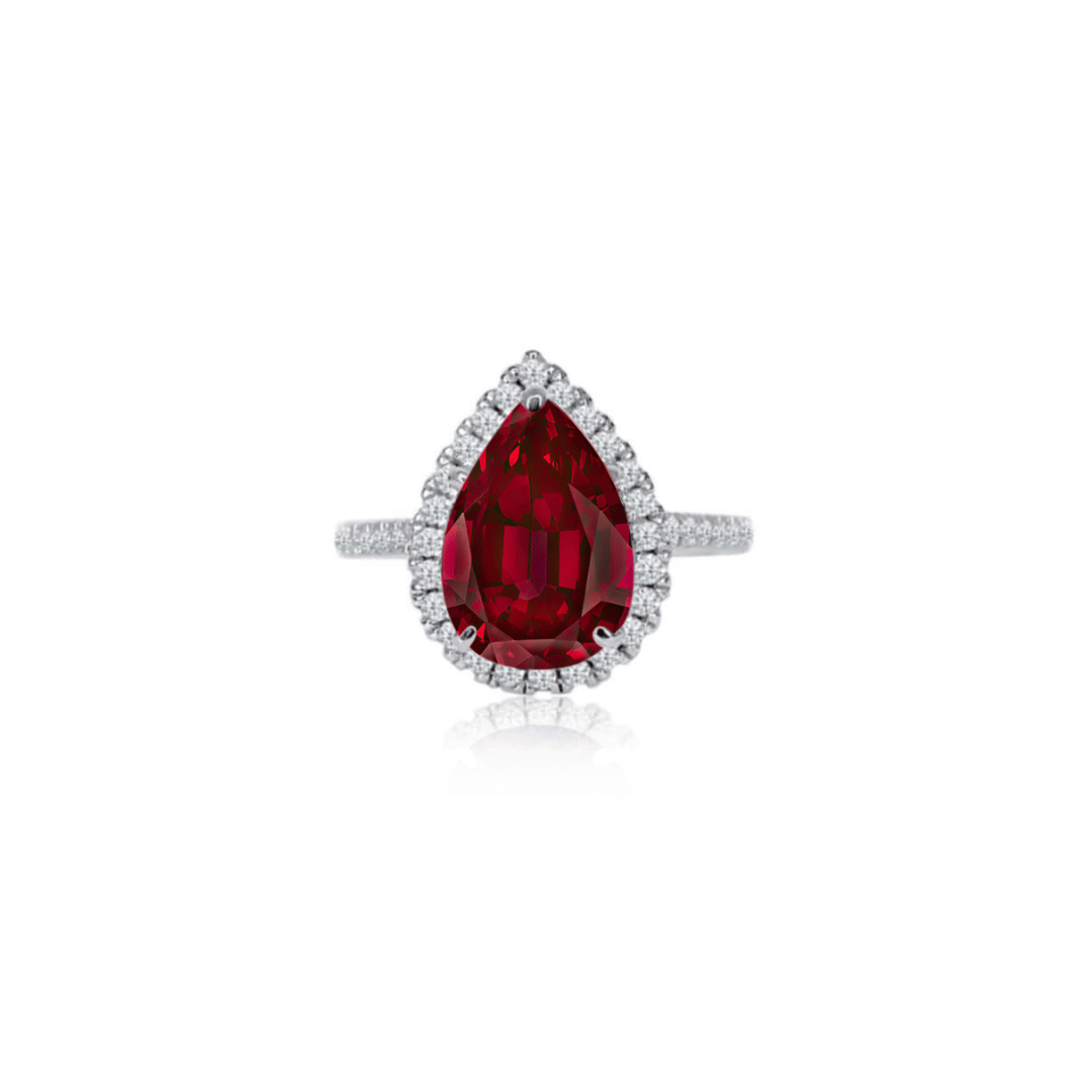 2.0ct Lab Ruby Pear Cut Moissanite Halo Ring