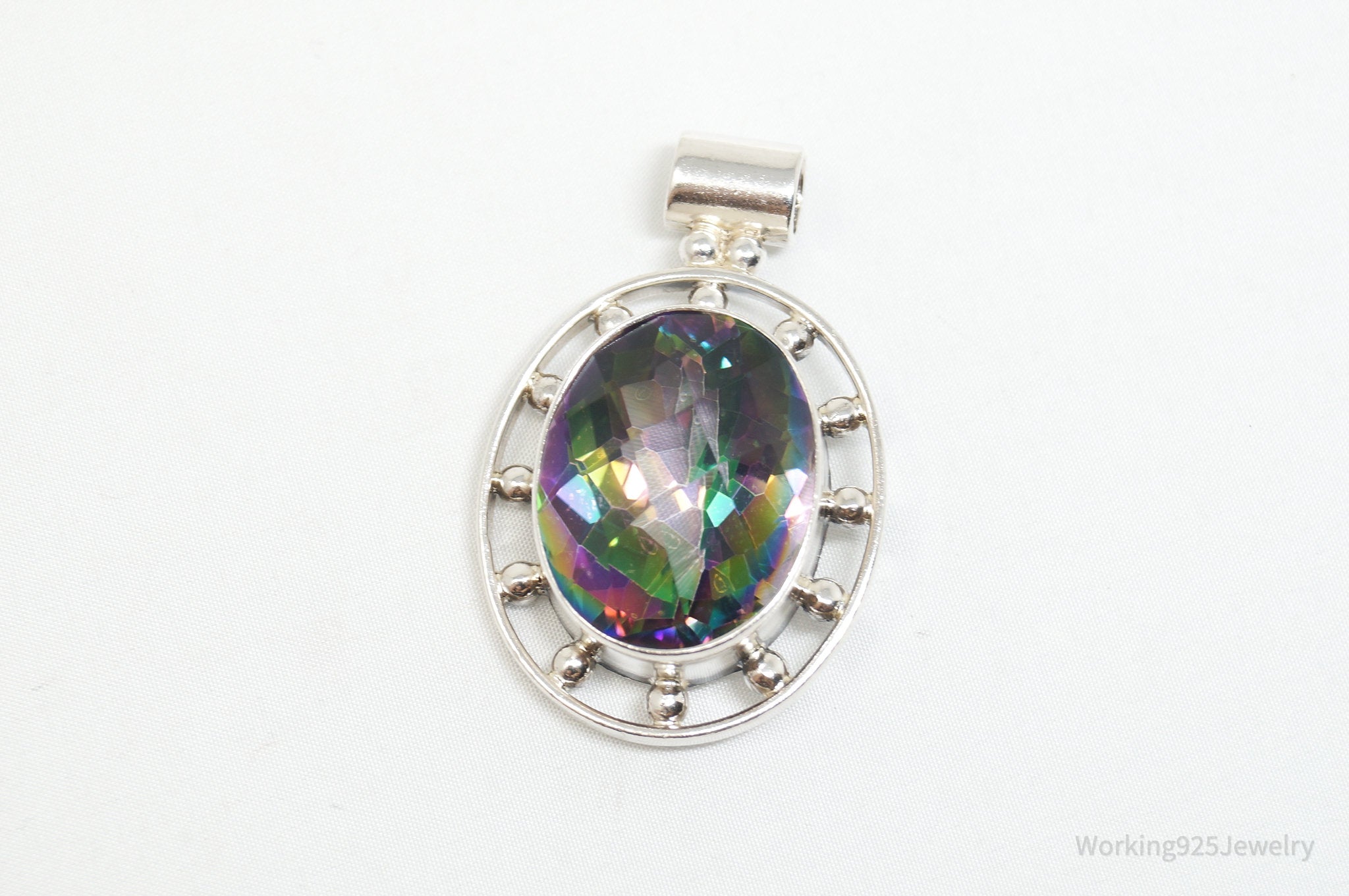 Vintage Large Mystic Topaz Sterling Silver Necklace Pendant