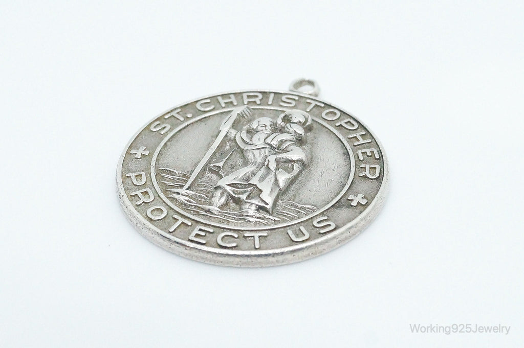 Vintage HBF Saint Christopher Protect Us Sterling Silver Pendant / Charm