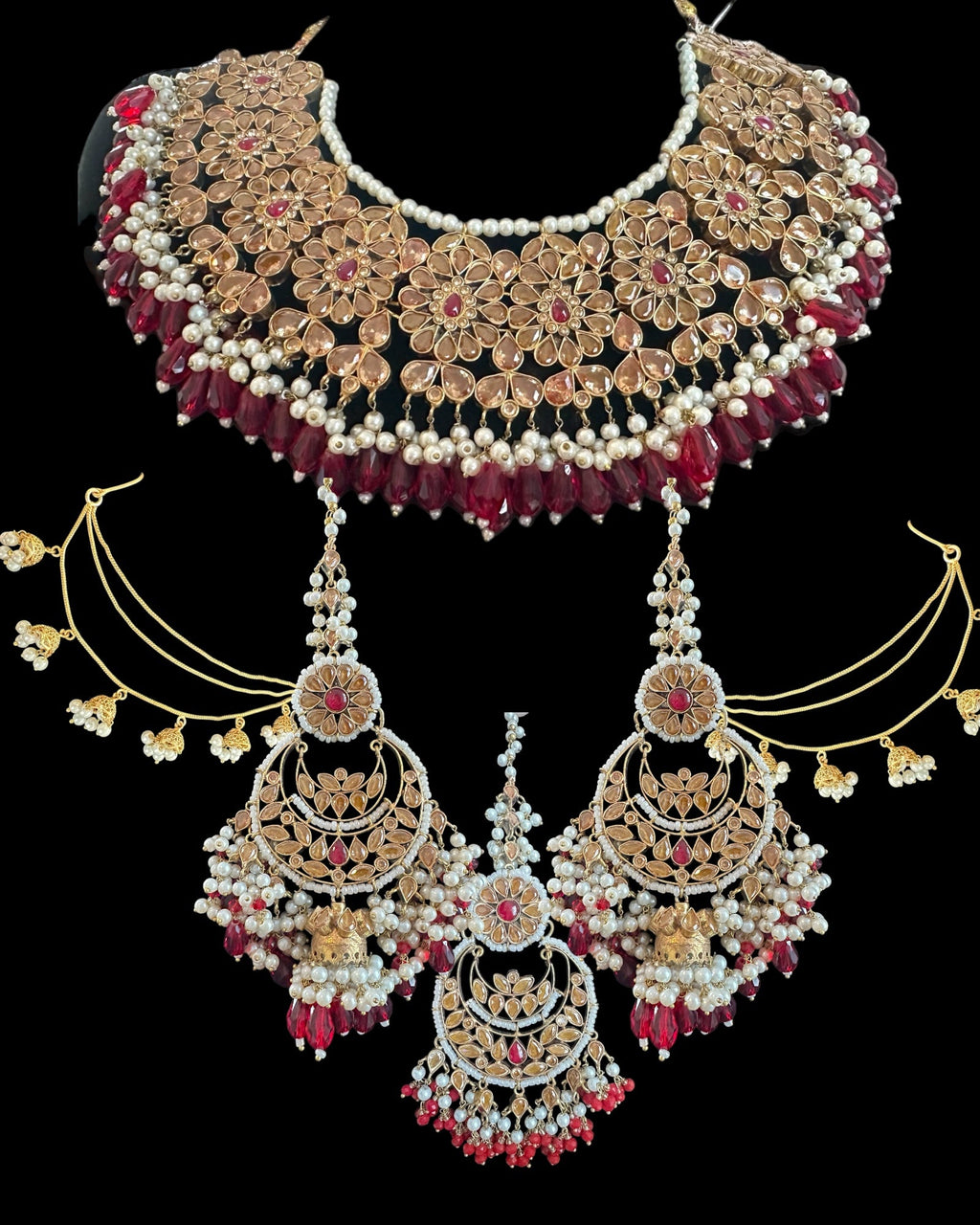 BR489 Simran bridal set in golden / red beads combination( READY TO SHIP )