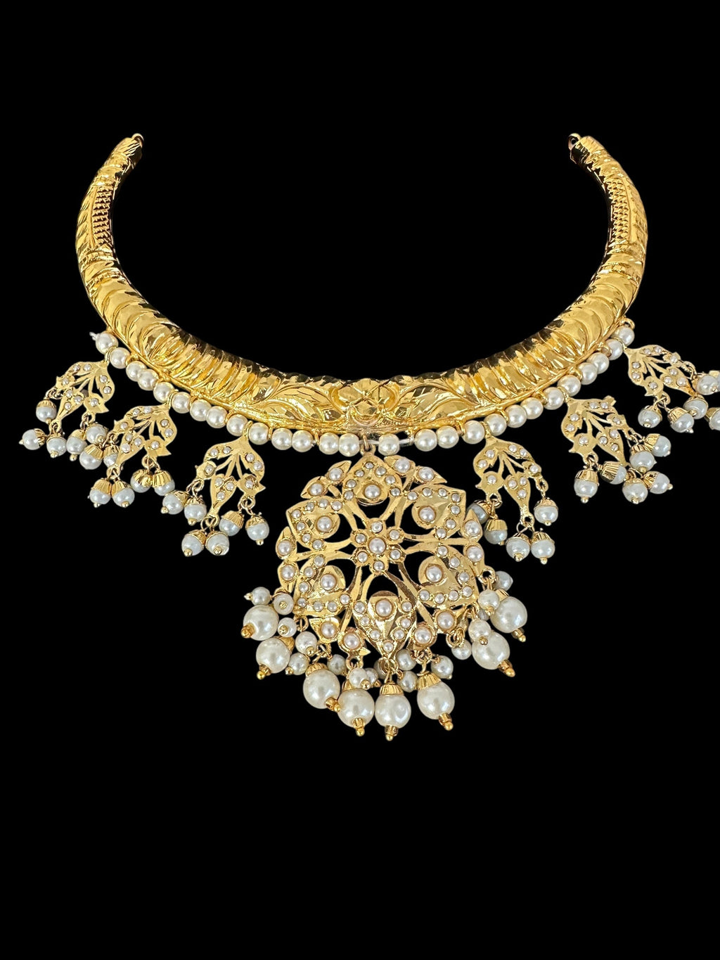DNS189 Gold-Plated jadau Floral Hasli Necklace with jhumka earrings tika  – Handcrafted Traditional Set ( READY TO SHIP )