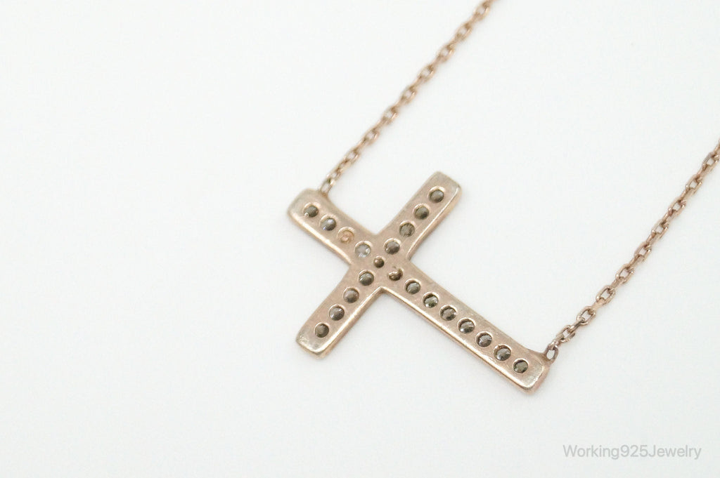 Vintage Cubic Zirconia Rose Gold Vermeil Sterling Silver Cross Necklace