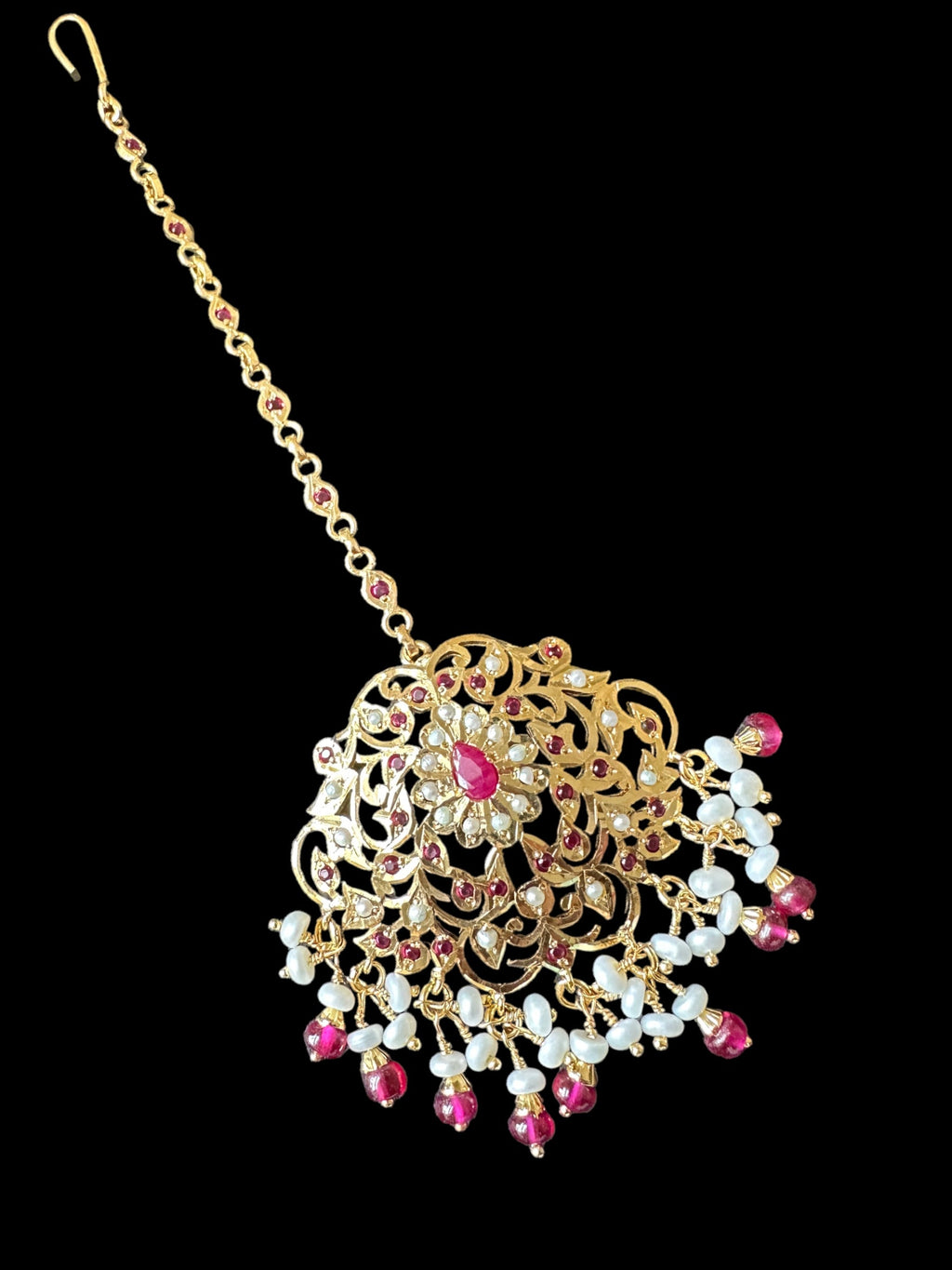 Mehwish Jadau tika in gold plated silver with fresh water pearls and rubies ( SHIPS IN 5 WEEKS )
