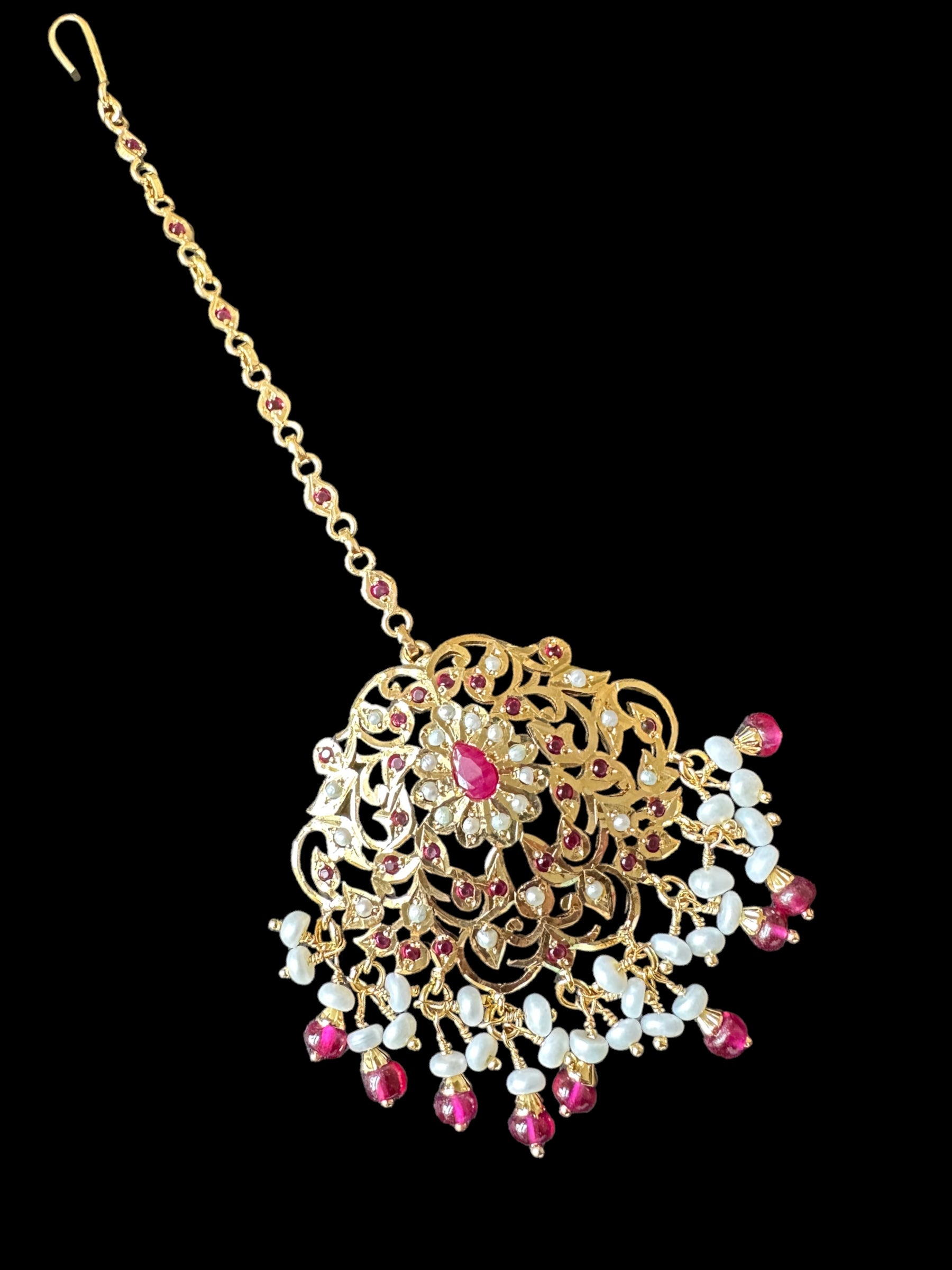 Mehwish Jadau tika in gold plated silver with fresh water pearls and rubies ( SHIPS IN 5 WEEKS )