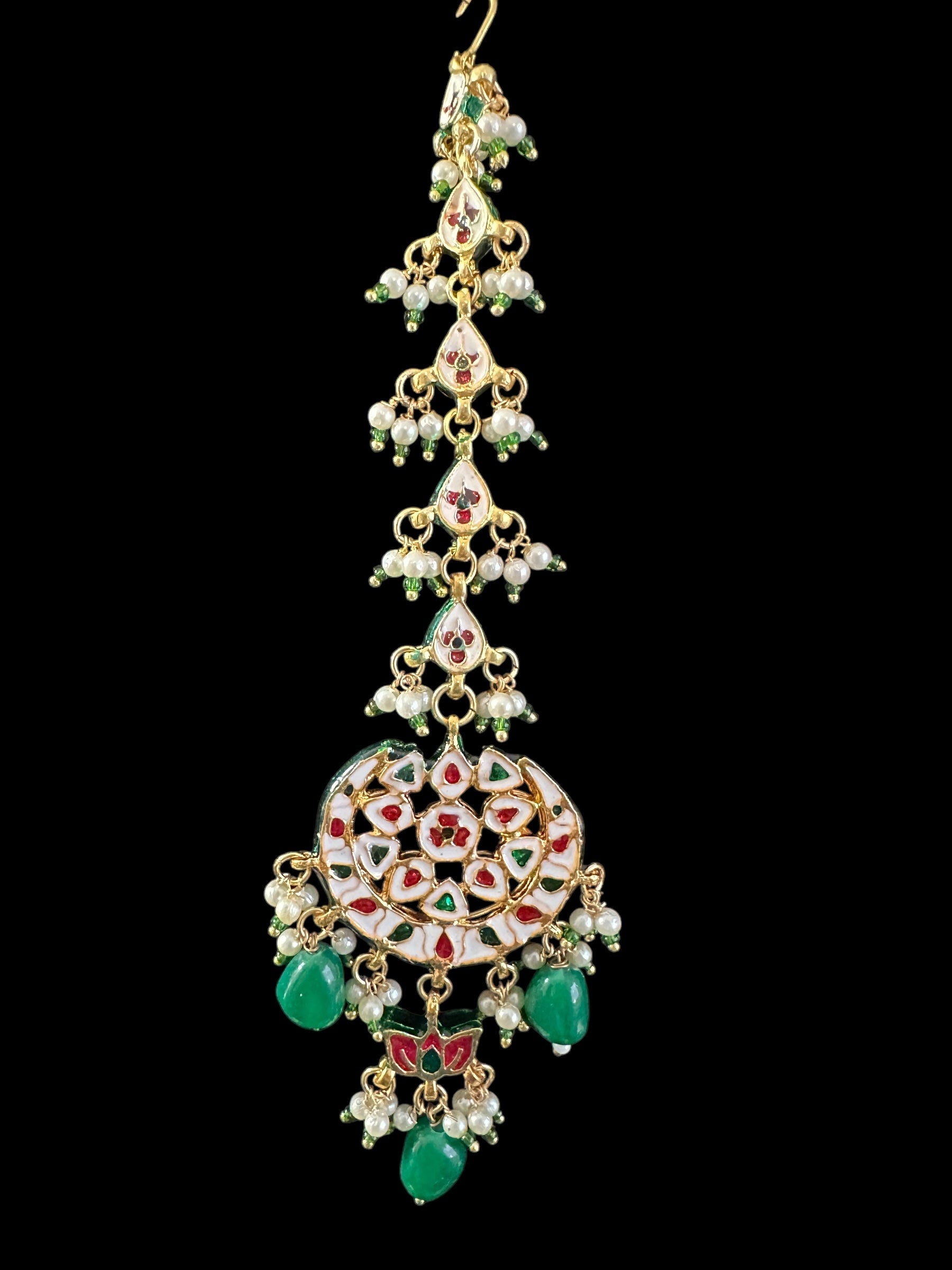 Irina earrings tika set in kundan with green beads ( READY TO SHIP )