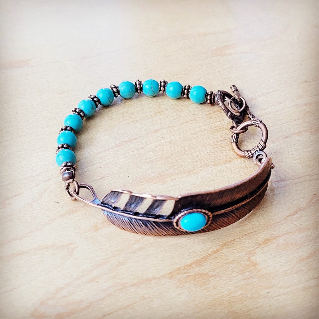 Round Blue Turquoise Beaded Bracelet on Copper Feather 810t