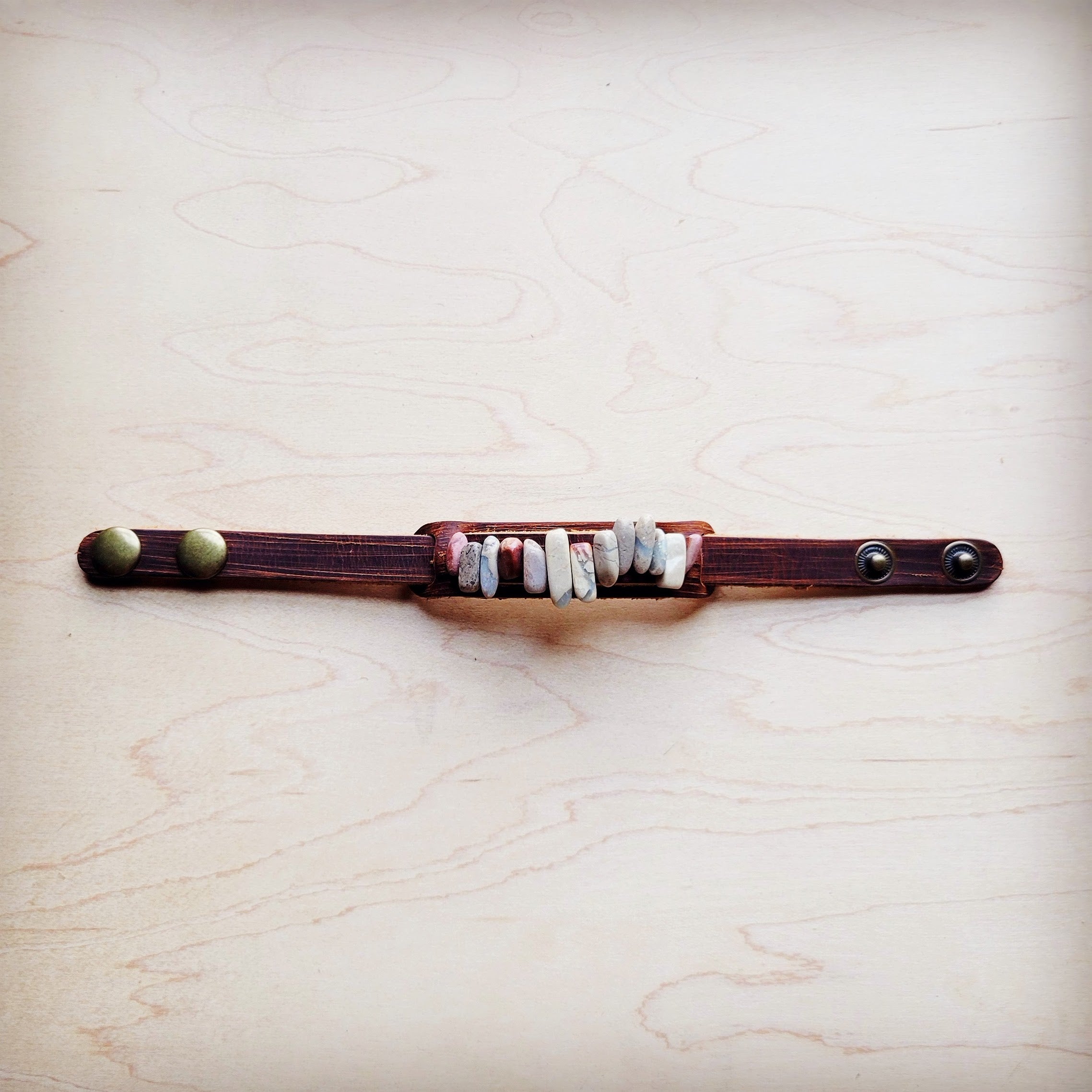 Genuine Leather Narrow Cuff with Aqua Terra Stones 005f