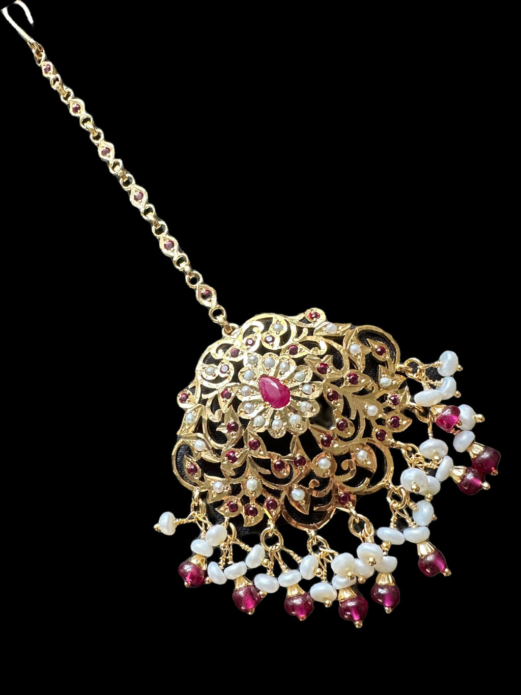 Mehwish Jadau tika in gold plated silver with fresh water pearls and rubies ( SHIPS IN 5 WEEKS )