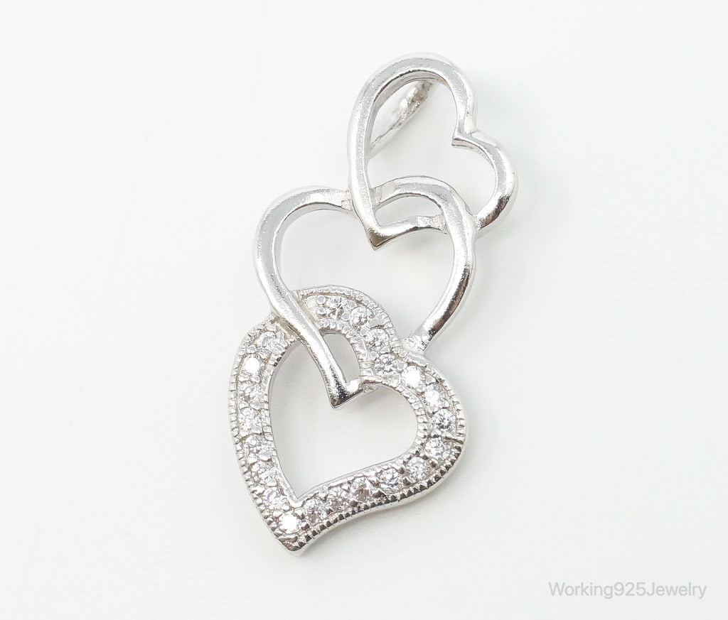 Vintage Open Hearts Cubic Zirconia Accented Sterling Silver Necklace Pendant