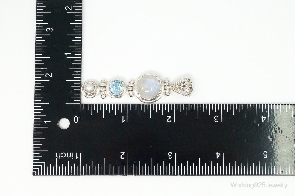 Large Designer SJ Blue Topaz Moonstone Pearl Sterling Necklace Pendant
