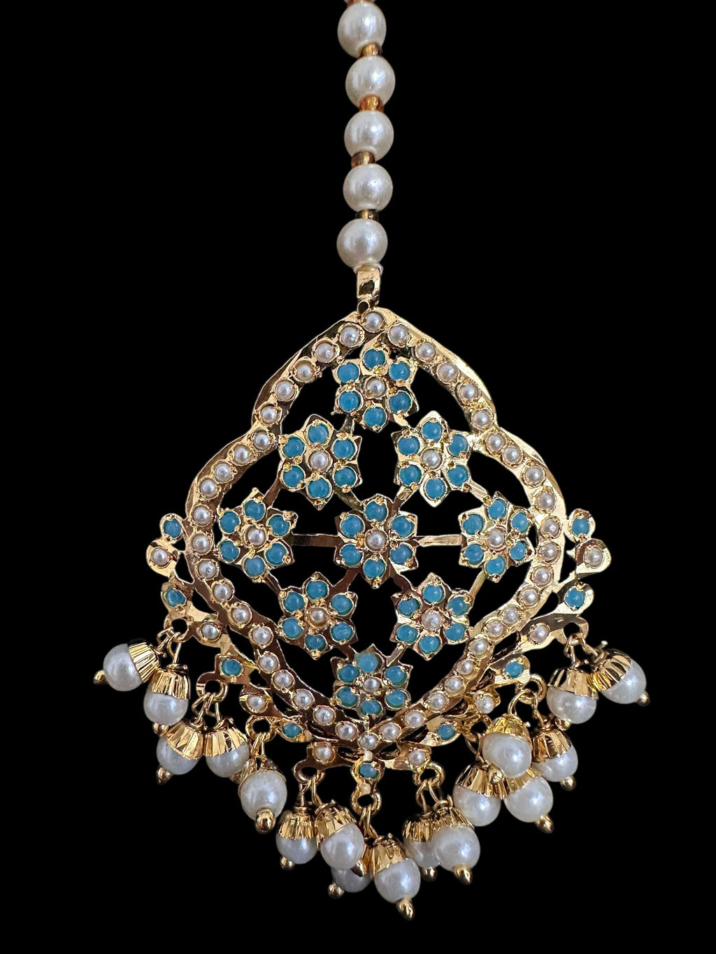 Mehru Jadau chandbali earrings tika in turquoise/feroza pearls ( READY TO SHIP )