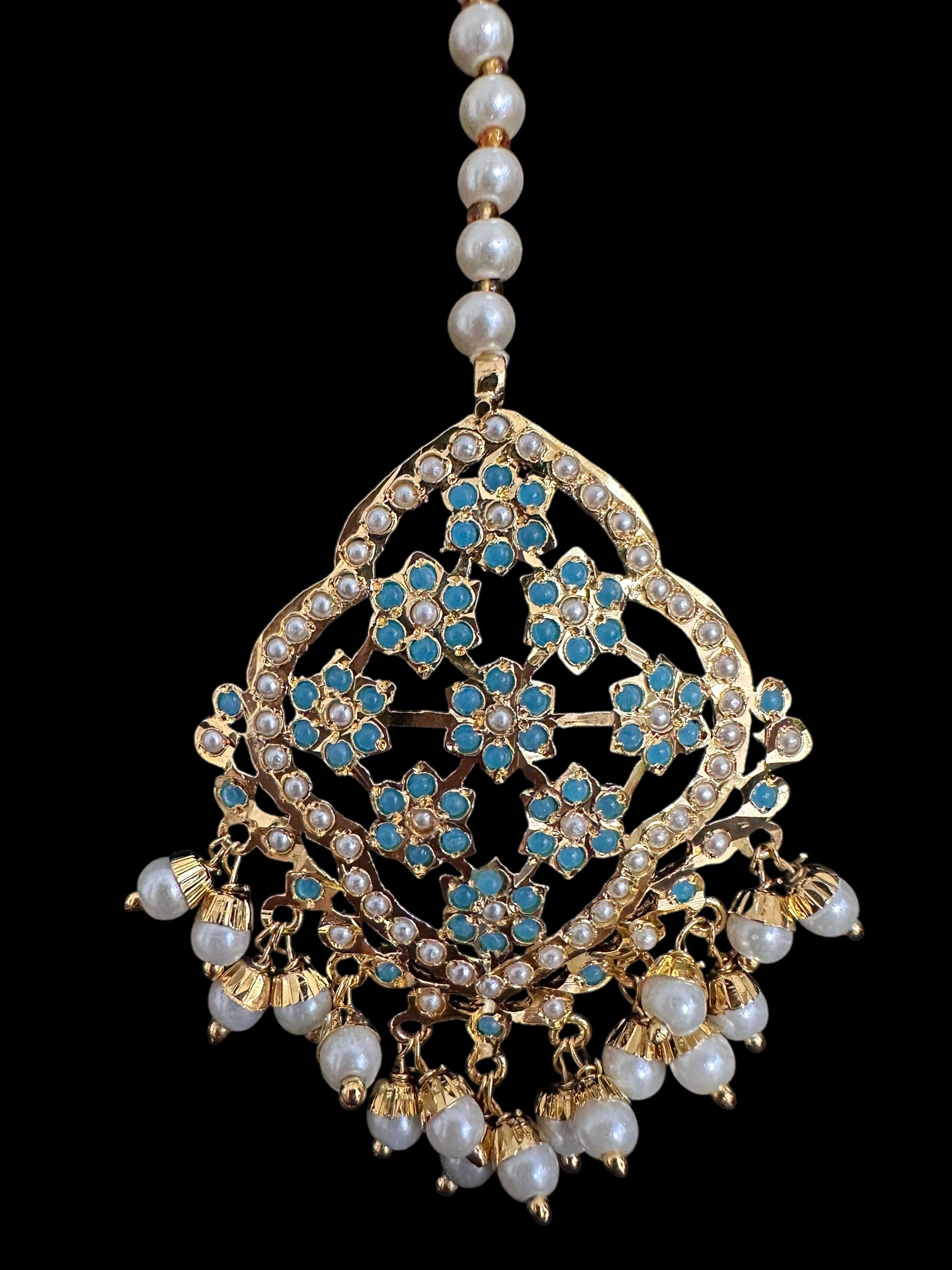 Mehru Jadau chandbali earrings tika in turquoise/feroza pearls ( READY TO SHIP )