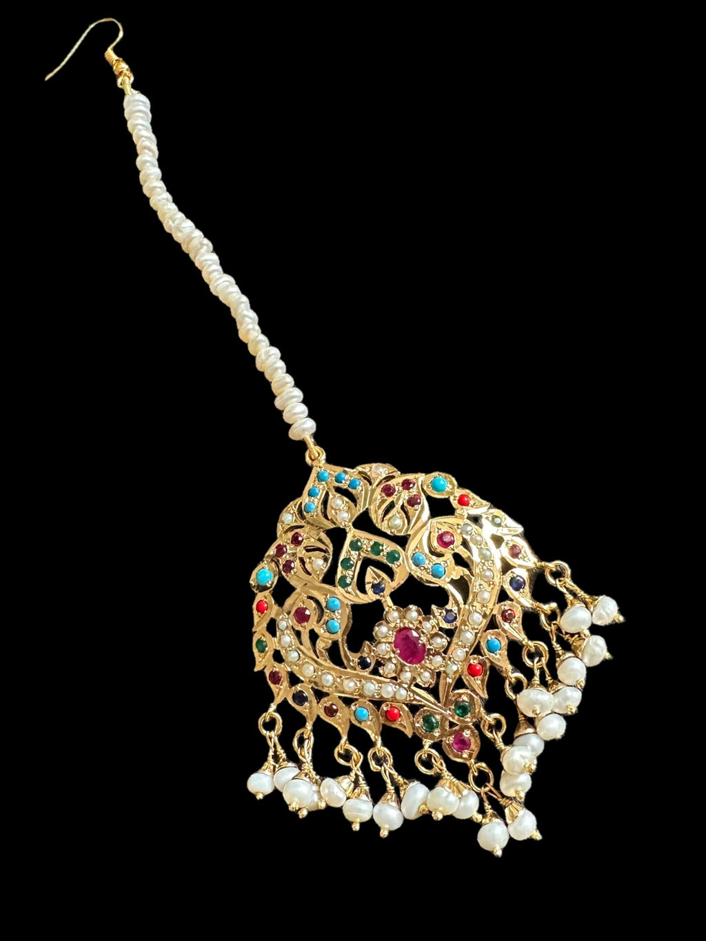 ESMA Navratan tika in silver with fresh water pearls - gold plated ( SHIPS IN 4 WEEKS  )