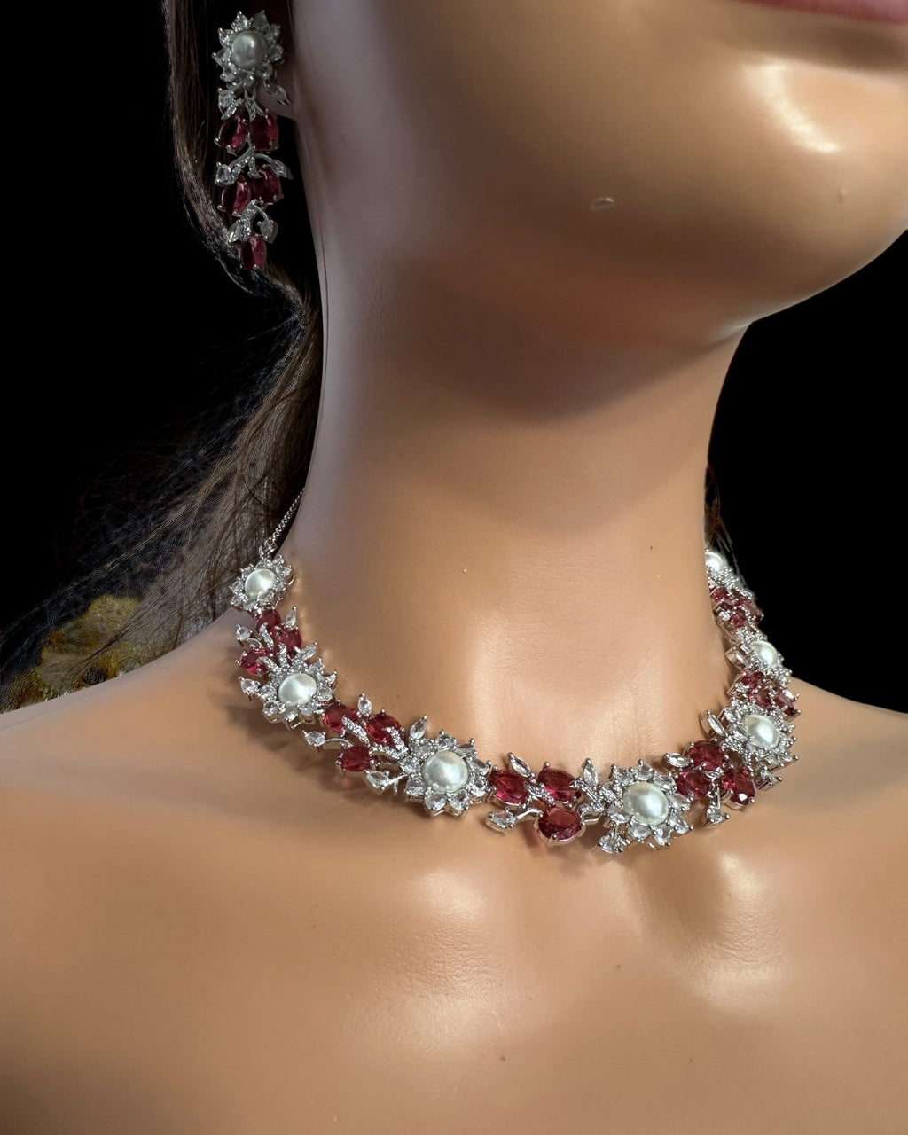 DNS137R silver plated necklace set - Ruby ( READY TO SHIP )