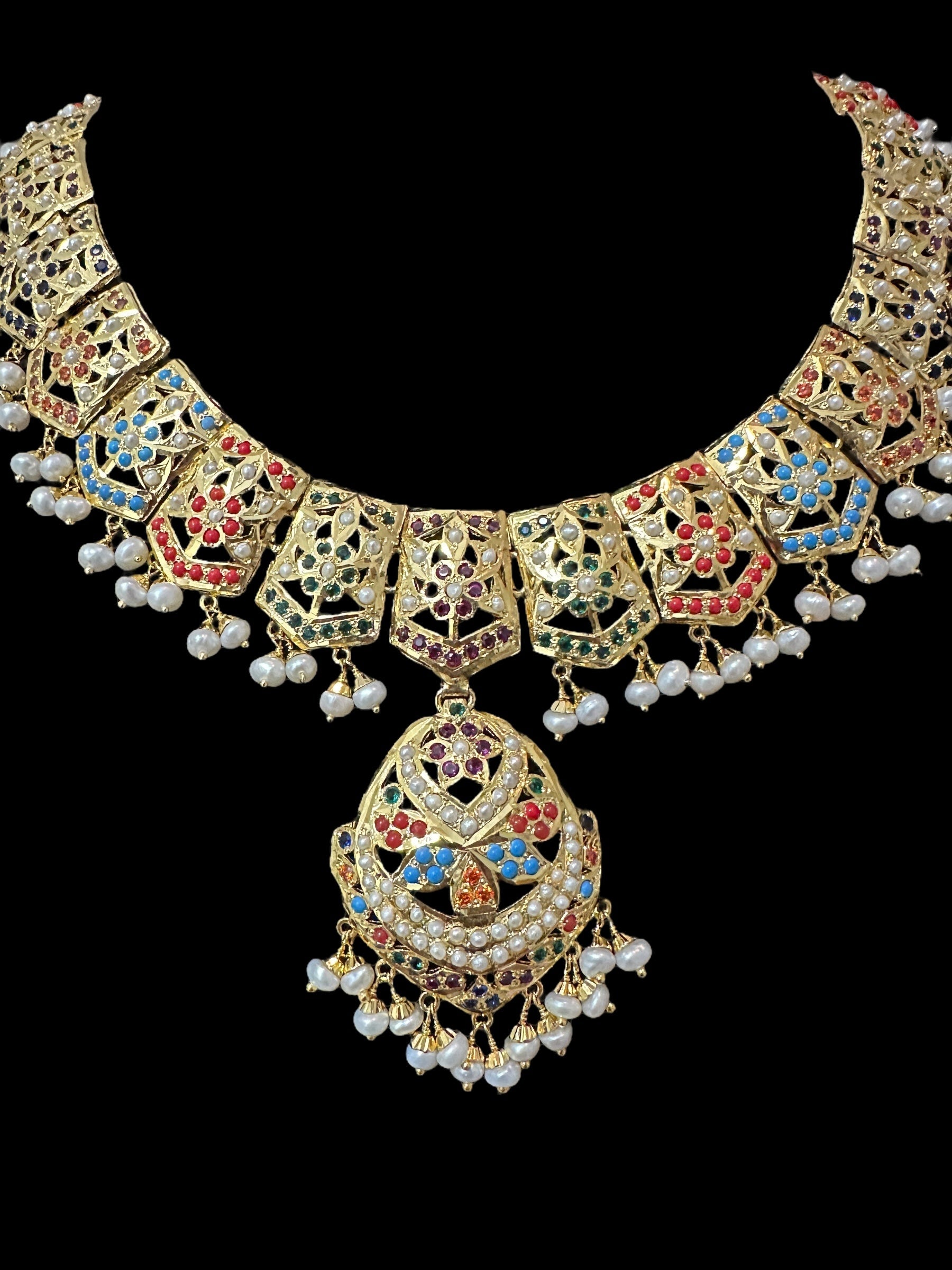 Navratan / Multicolored Jadau Necklace Set in Gold Plated Silver ( SHIPS IN 5 WEEKS  )