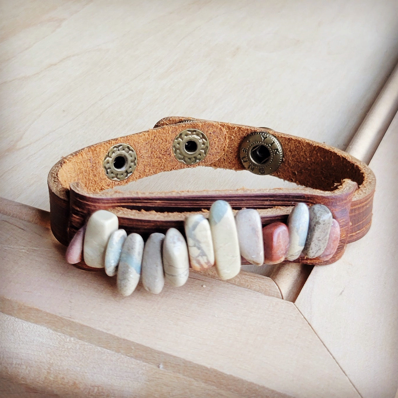 Genuine Leather Narrow Cuff with Aqua Terra Stones 005f