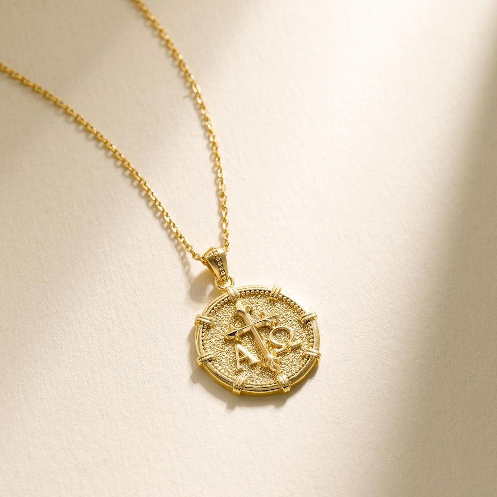 Alpha Omega Fleur-de-Lis Cross Medallion Necklace