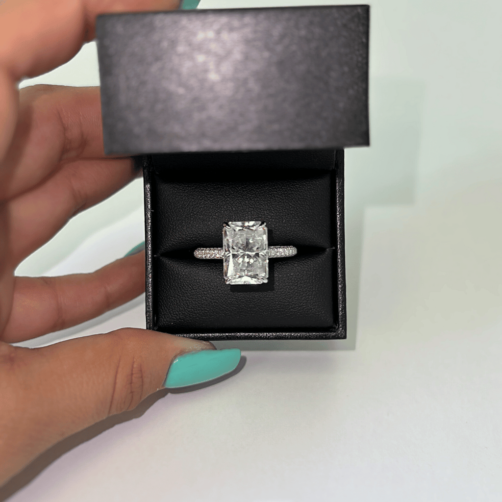 5.0ct Radiant Cut Moissanite Diamond Three Row Pavè Engagement Ring