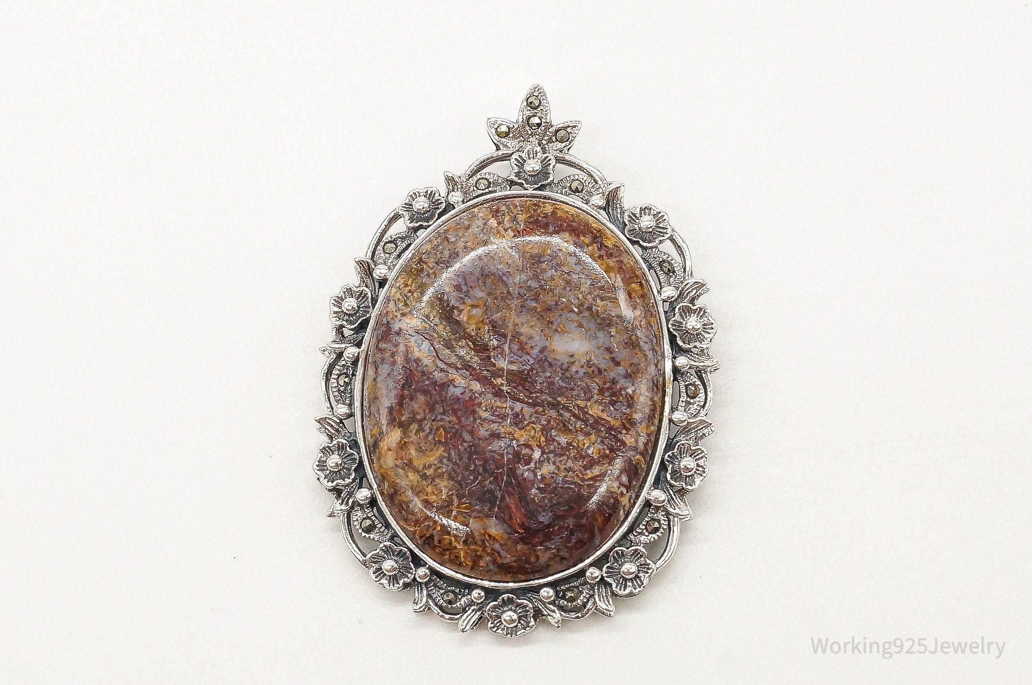 Vintage Large Designer NK Jasper Marcasite Sterling Silver Pendant