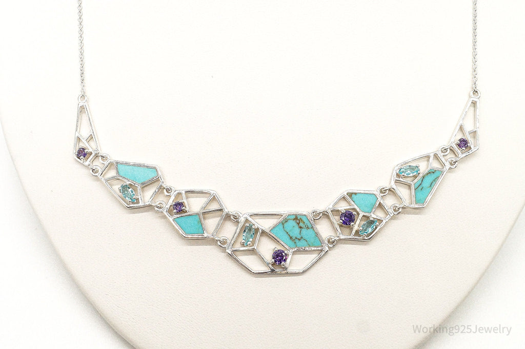 Amethyst Blue Topaz Turquoise Modernist Sterling Silver Necklace